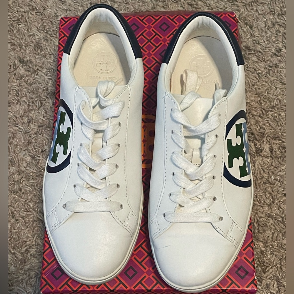 Tory Burch T Logo sneaker in size 7.5 Snow White/ Royal Blue
